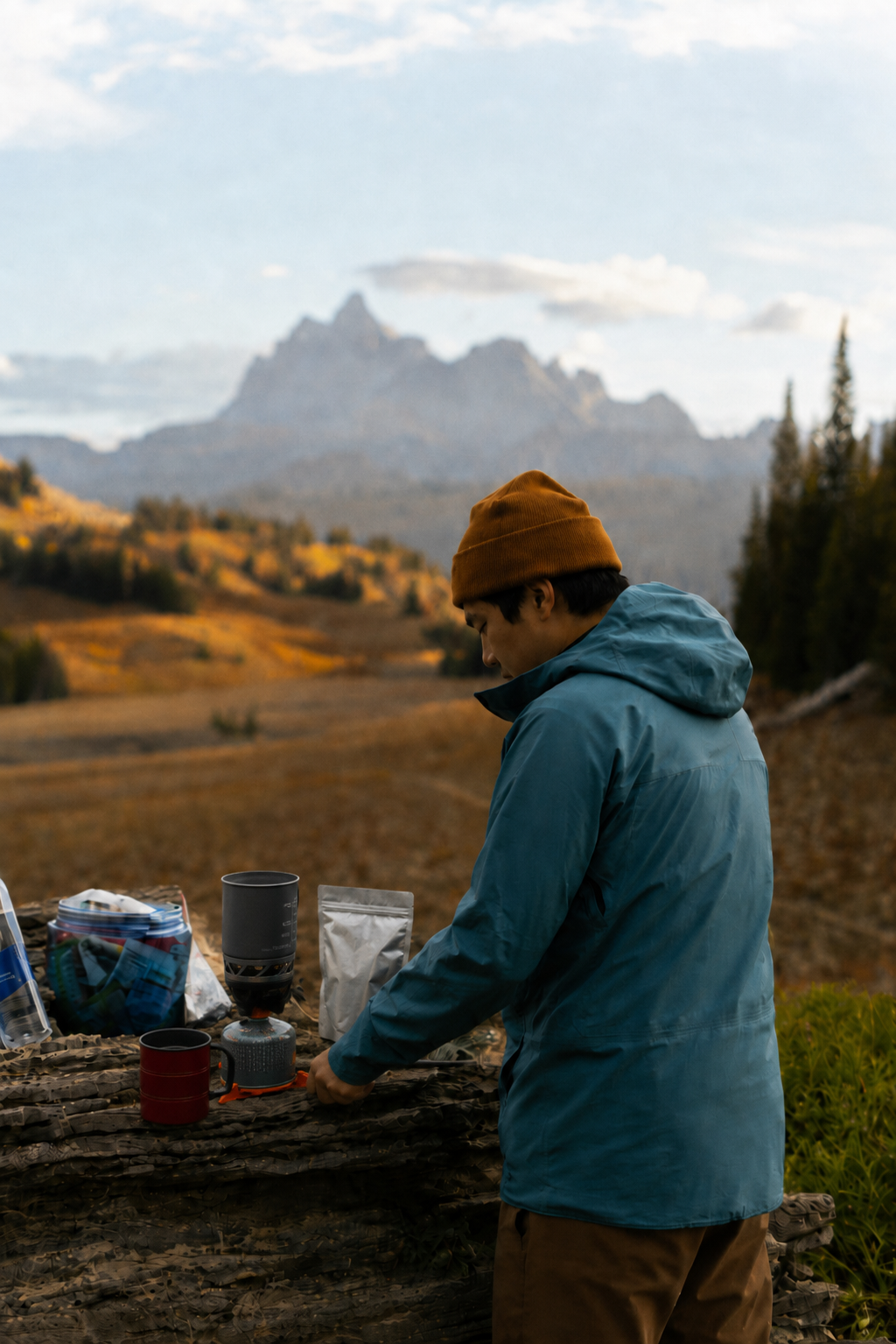 a backpacker in a teal jacket and orange beanie cooking a freeze-dried meal on a camp stove, the Teton range behind at golden hour