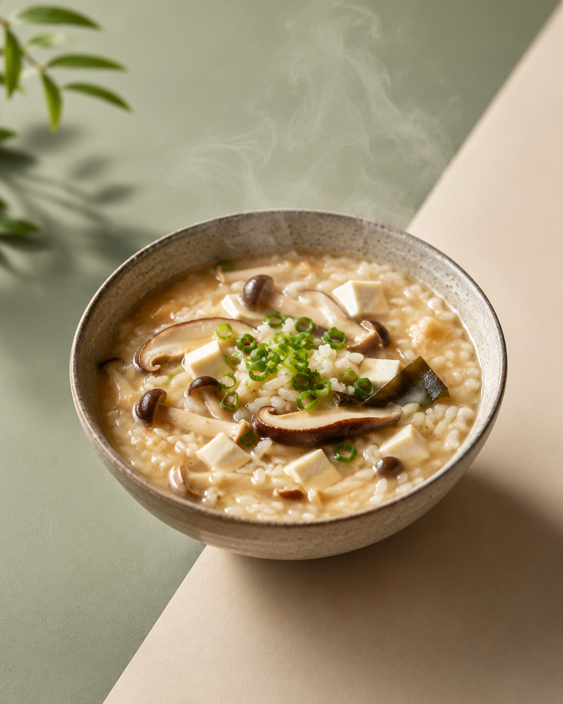 miso mushroom okayu with tofu, shiitake, and scallions in a bowl