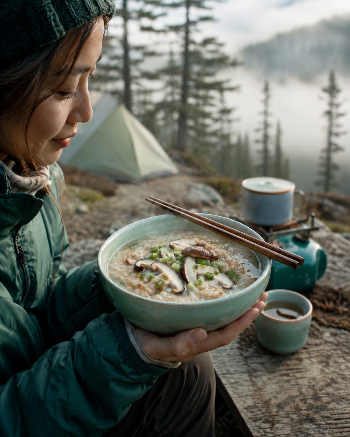 miso mushroom okayu held at a misty forest camp with chopsticks resting on the bowl